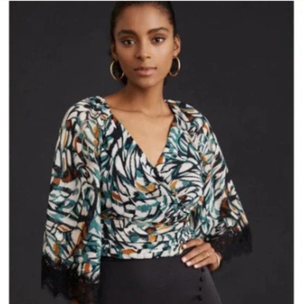 Anthropologie Green Wrap Top, Lace Trim (NWOT)